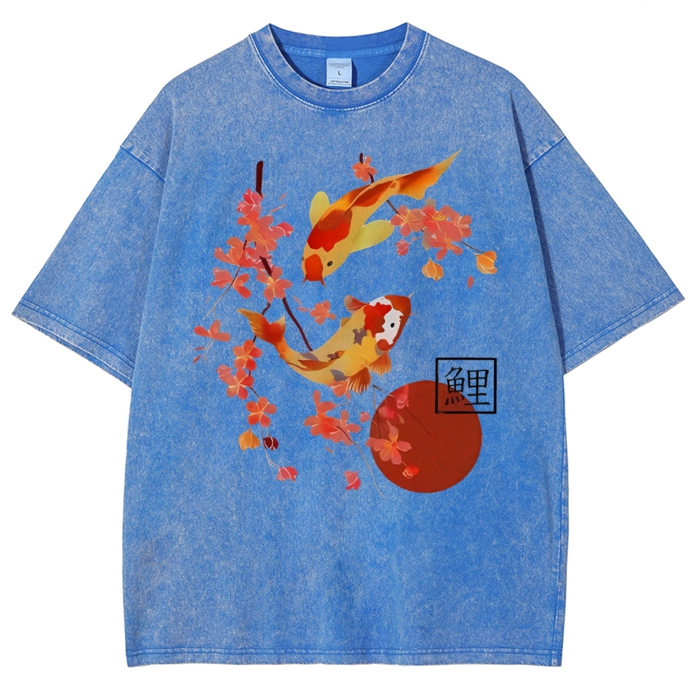 Unisex Vintage Japanese Fish Printed Washed Tee
