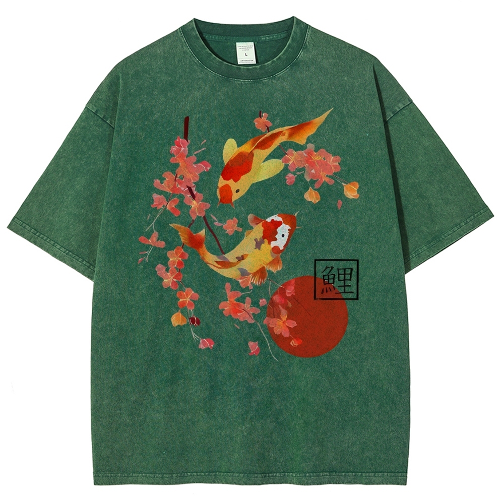 Unisex Vintage Japanese Fish Printed Washed Tee
