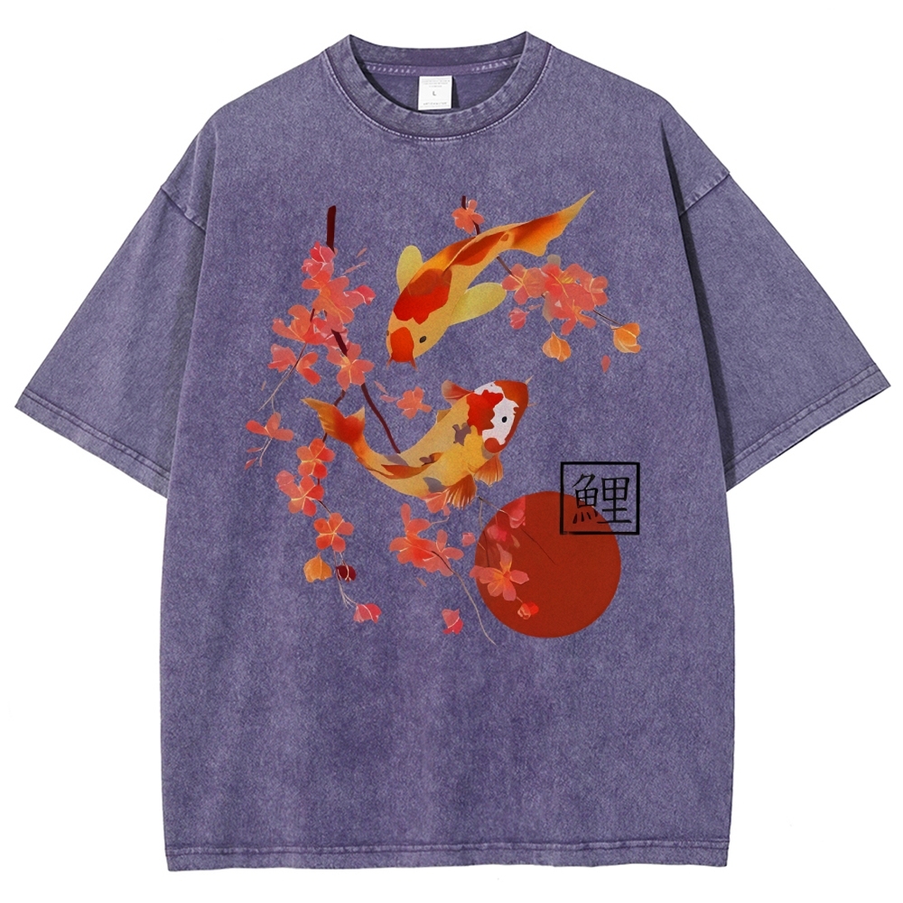 Unisex Vintage Japanese Fish Printed Washed Tee