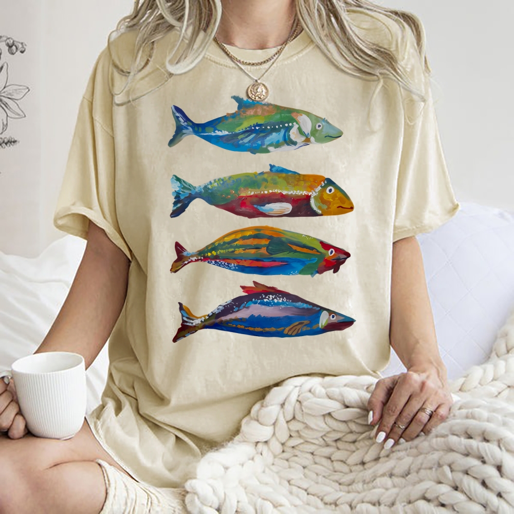 Unisex Colorful Fish Printed Washed Tee