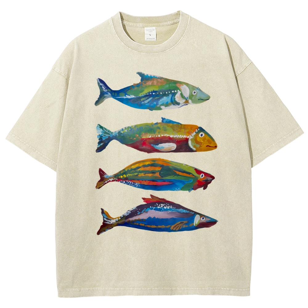 Unisex Colorful Fish Printed Washed Tee