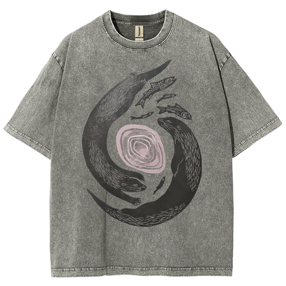 Unisex Vintage Fish Printed Washed Tee