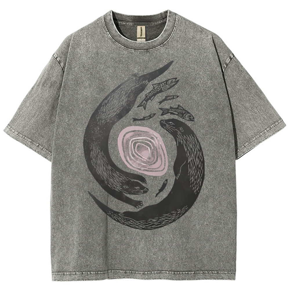 Unisex Vintage Fish Printed Washed Tee