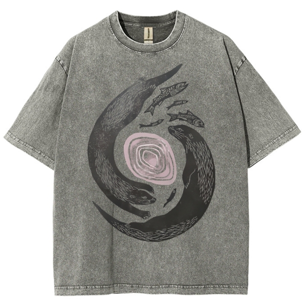 Unisex Vintage Fish Printed Washed Tee