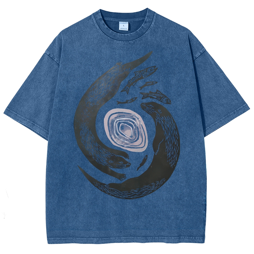 Unisex Vintage Fish Printed Washed Tee
