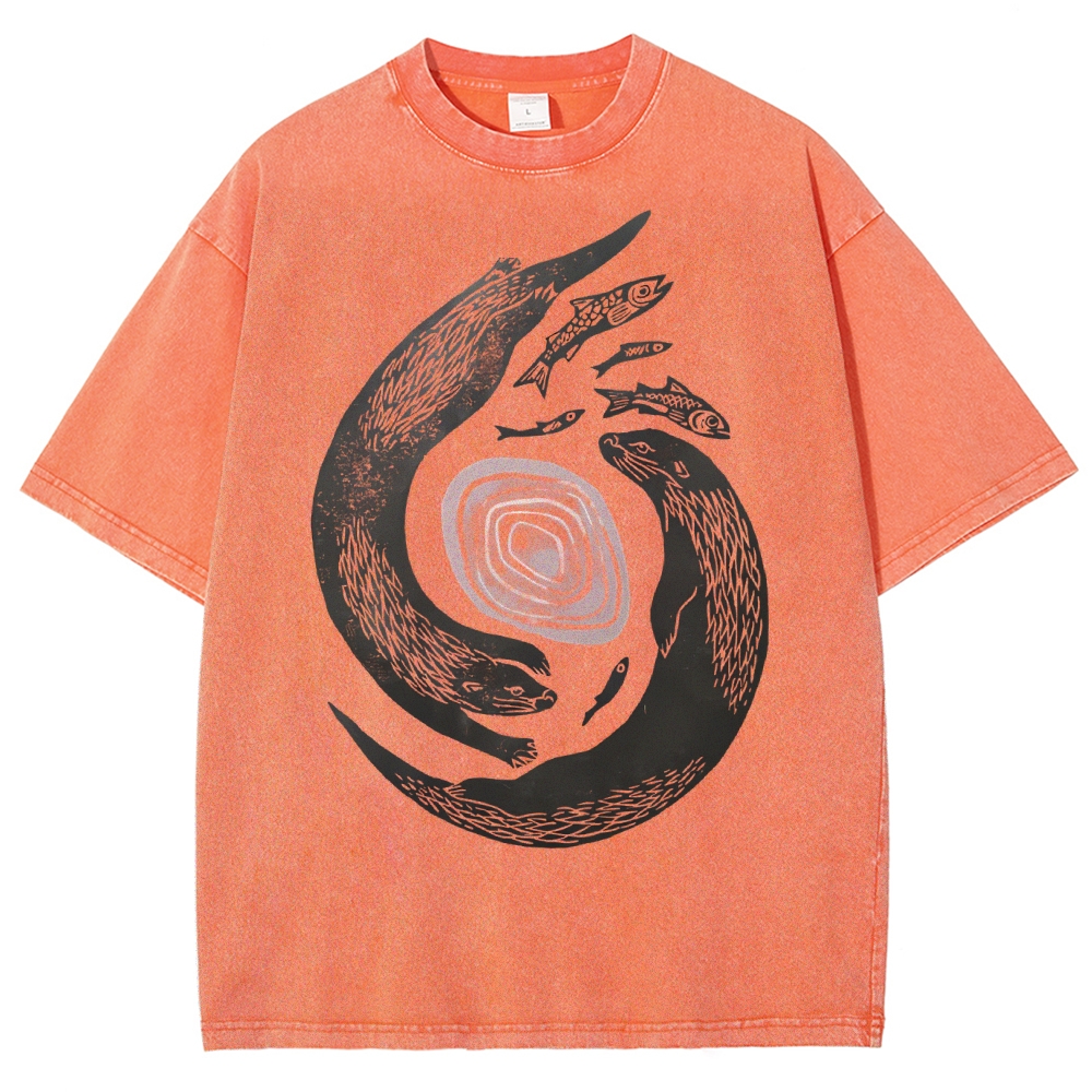 Unisex Vintage Fish Printed Washed Tee