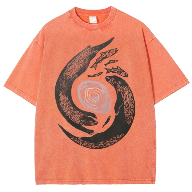 Unisex Vintage Fish Printed Washed Tee