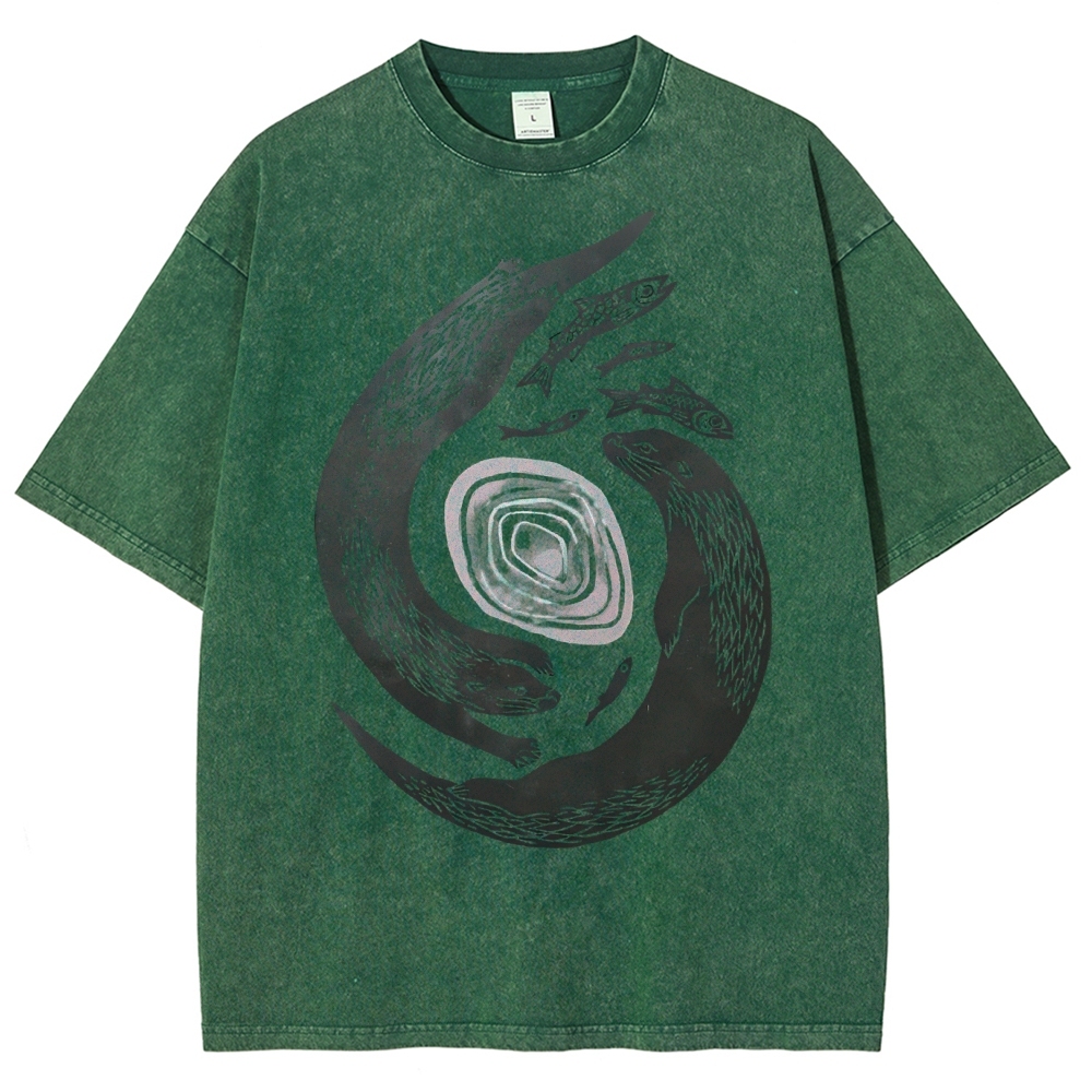 Unisex Vintage Fish Printed Washed Tee