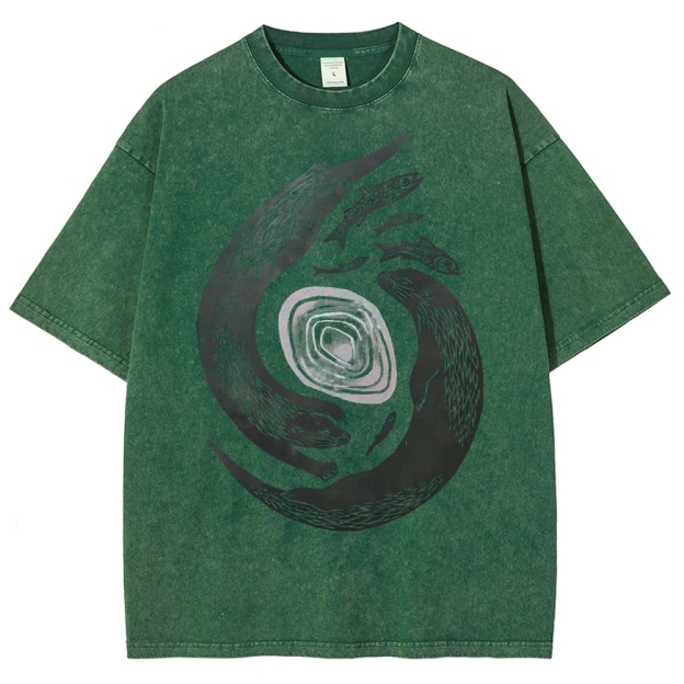 Unisex Vintage Fish Printed Washed Tee