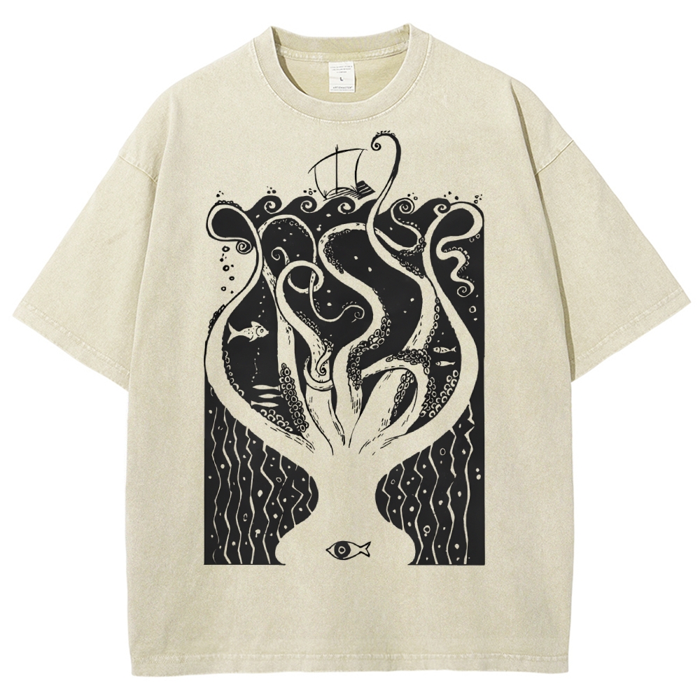 Unisex Octopus Printed Washed Tee