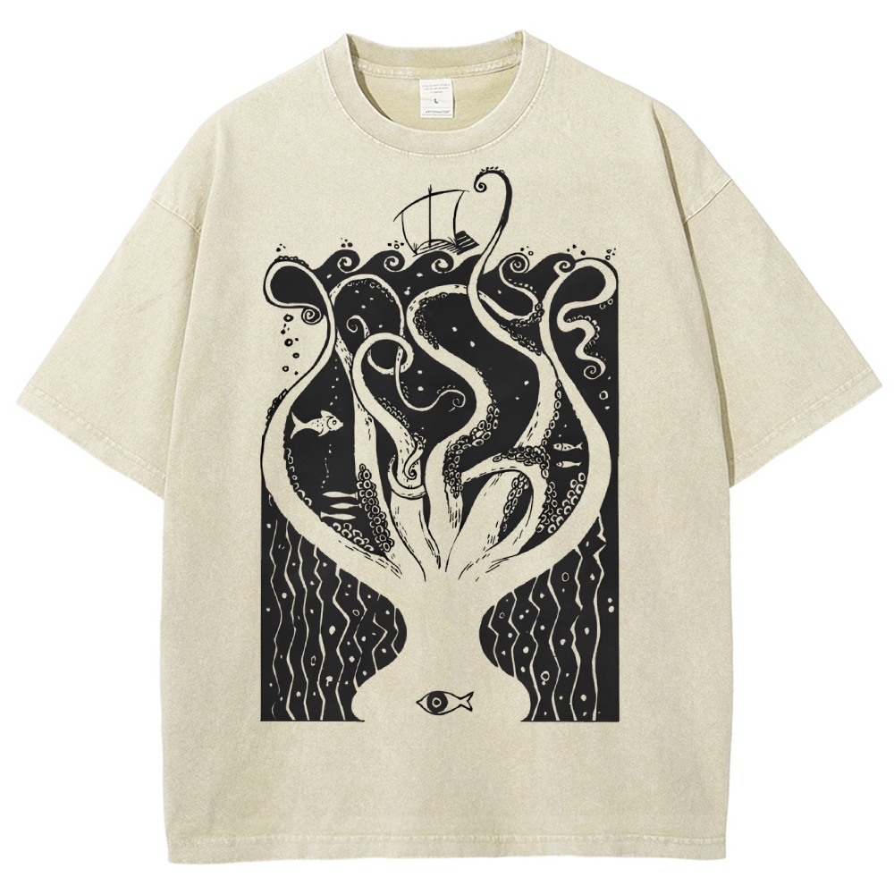 Unisex Octopus Printed Washed Tee