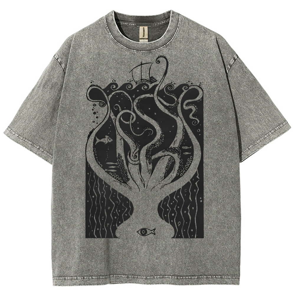 Unisex Octopus Printed Washed Tee