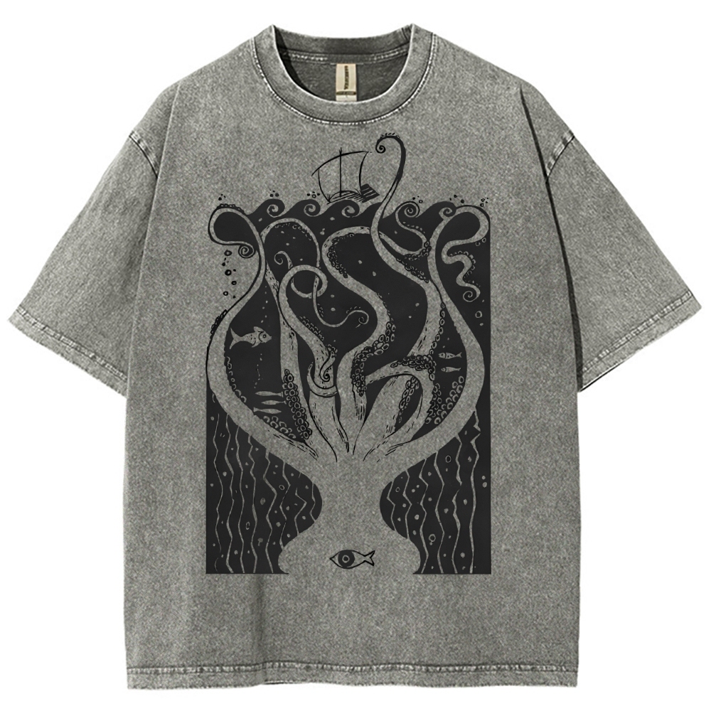 Unisex Octopus Printed Washed Tee