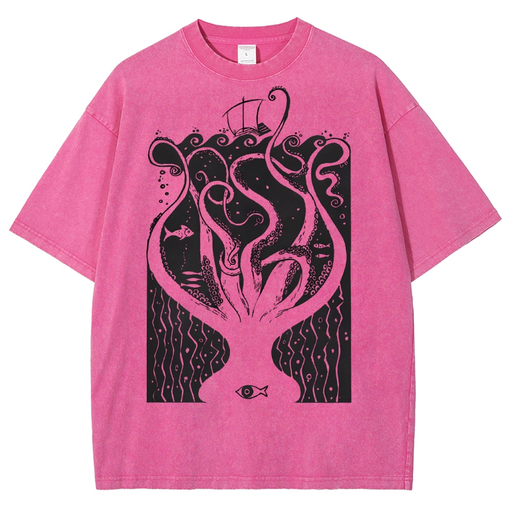 Unisex Octopus Printed Washed Tee