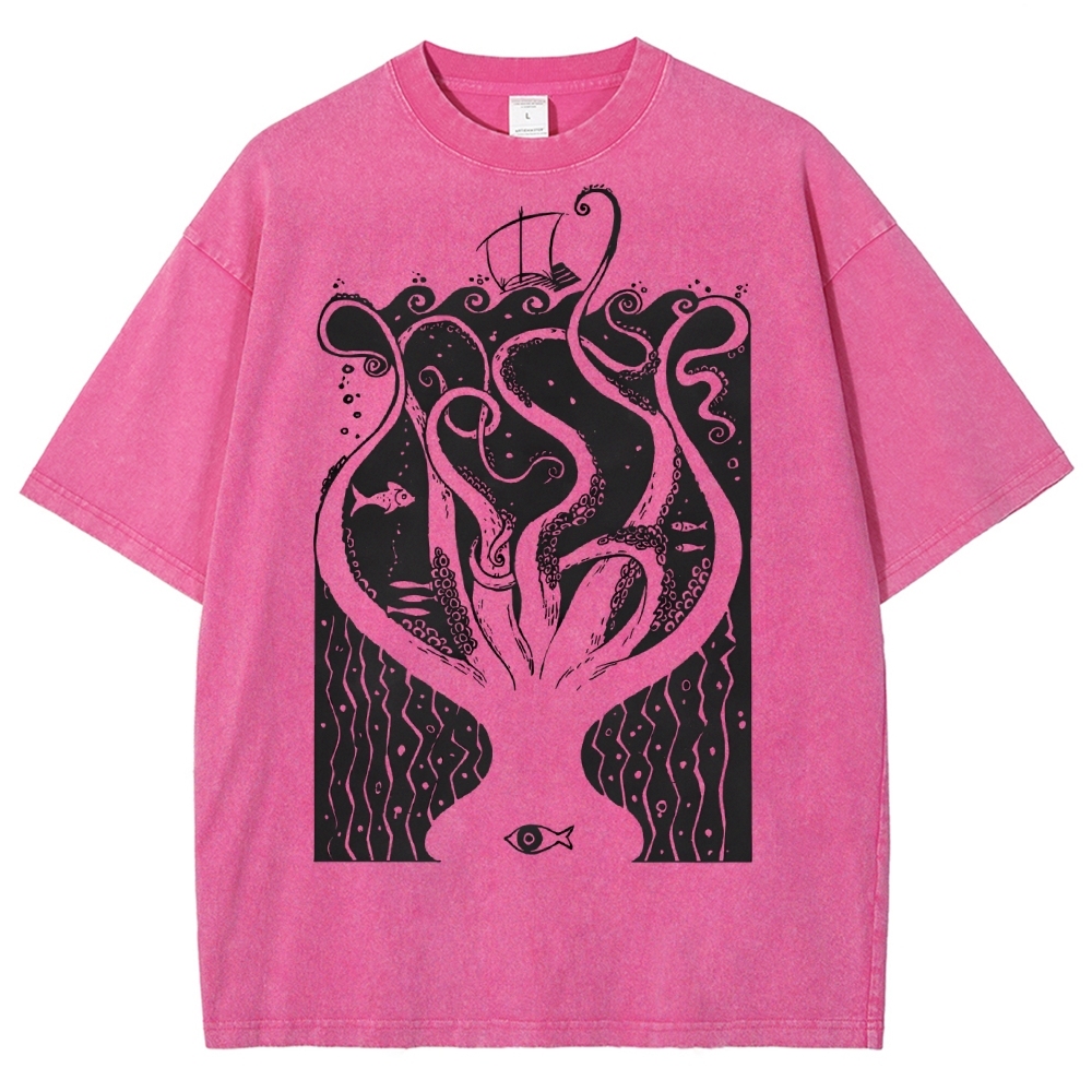 Unisex Octopus Printed Washed Tee