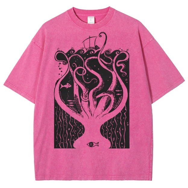 Unisex Octopus Printed Washed Tee