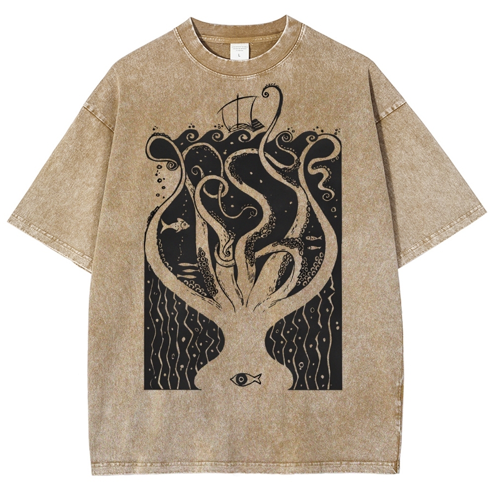Unisex Octopus Printed Washed Tee