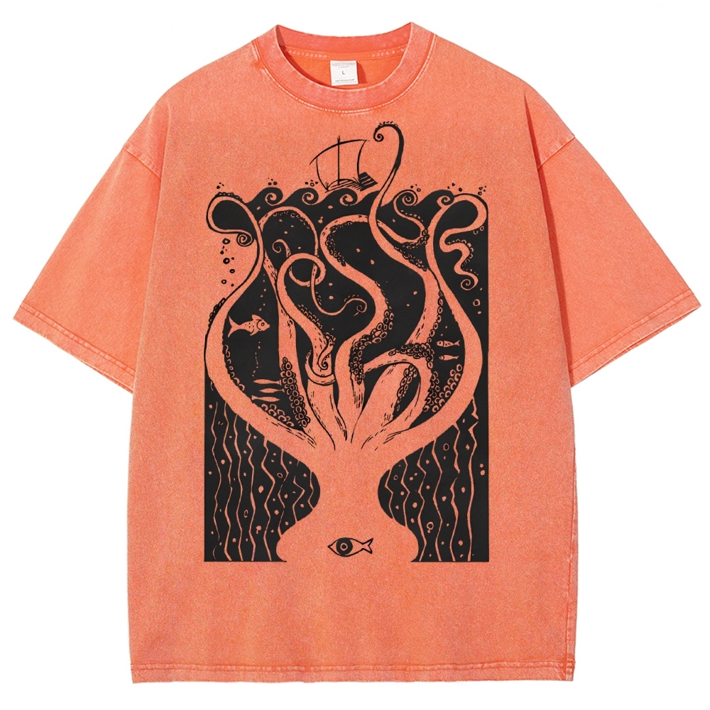 Unisex Octopus Printed Washed Tee
