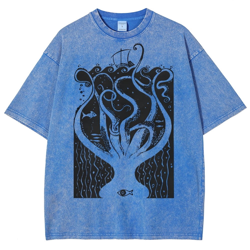 Unisex Octopus Printed Washed Tee