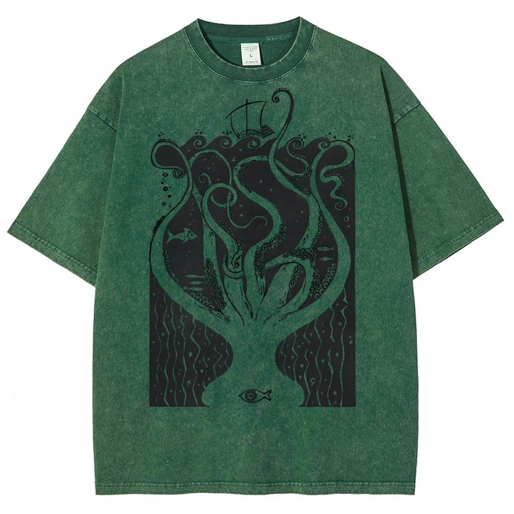 Unisex Octopus Printed Washed Tee