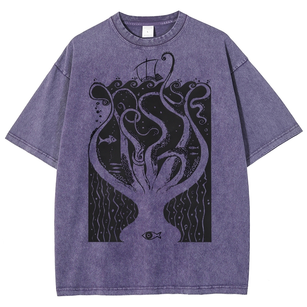 Unisex Octopus Printed Washed Tee