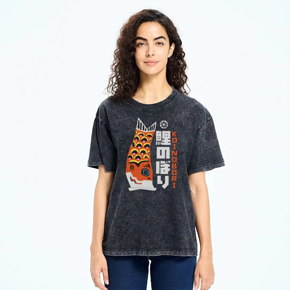 Unisex Japanese Koi Printed Washed Tee