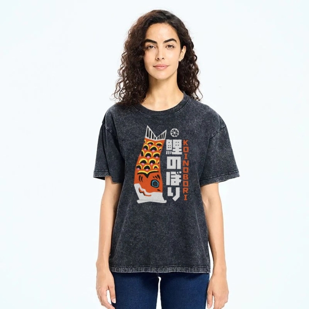 Unisex Japanese Koi Printed Washed Tee