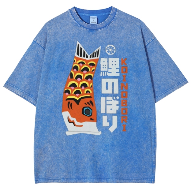 Unisex Japanese Koi Printed Washed Tee