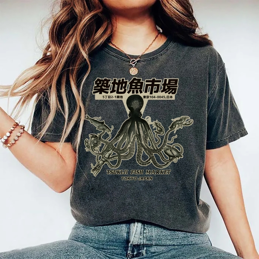 Unisex Octopus Printed Washed Tee