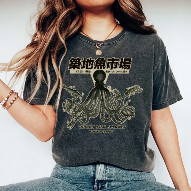 Unisex Octopus Printed Washed Tee