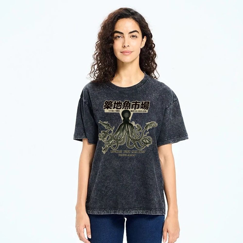 Unisex Octopus Printed Washed Tee