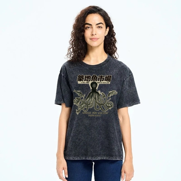 Unisex Octopus Printed Washed Tee