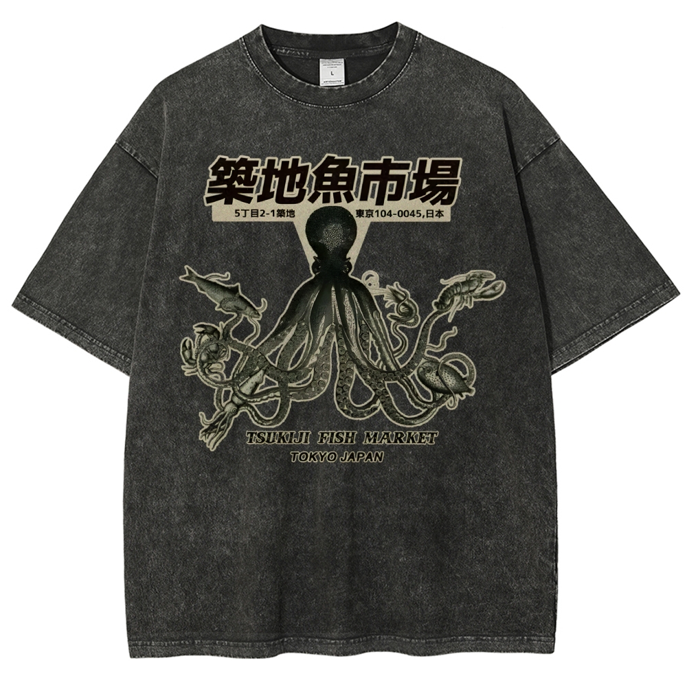 Unisex Octopus Printed Washed Tee