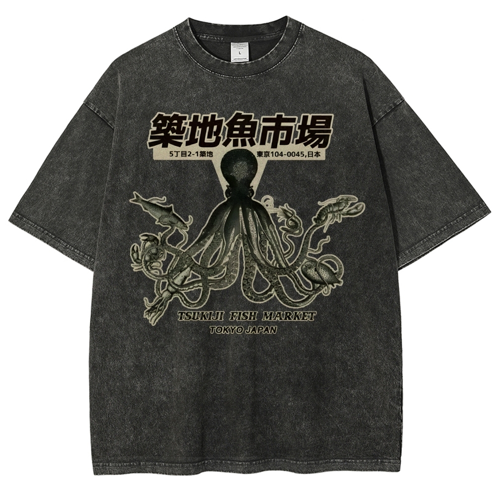 Unisex Octopus Printed Washed Tee