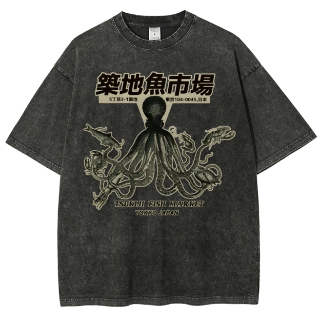 Unisex Octopus Printed Washed Tee
