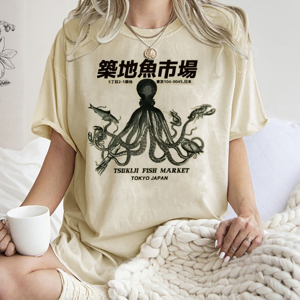 Unisex Octopus Printed Washed Tee