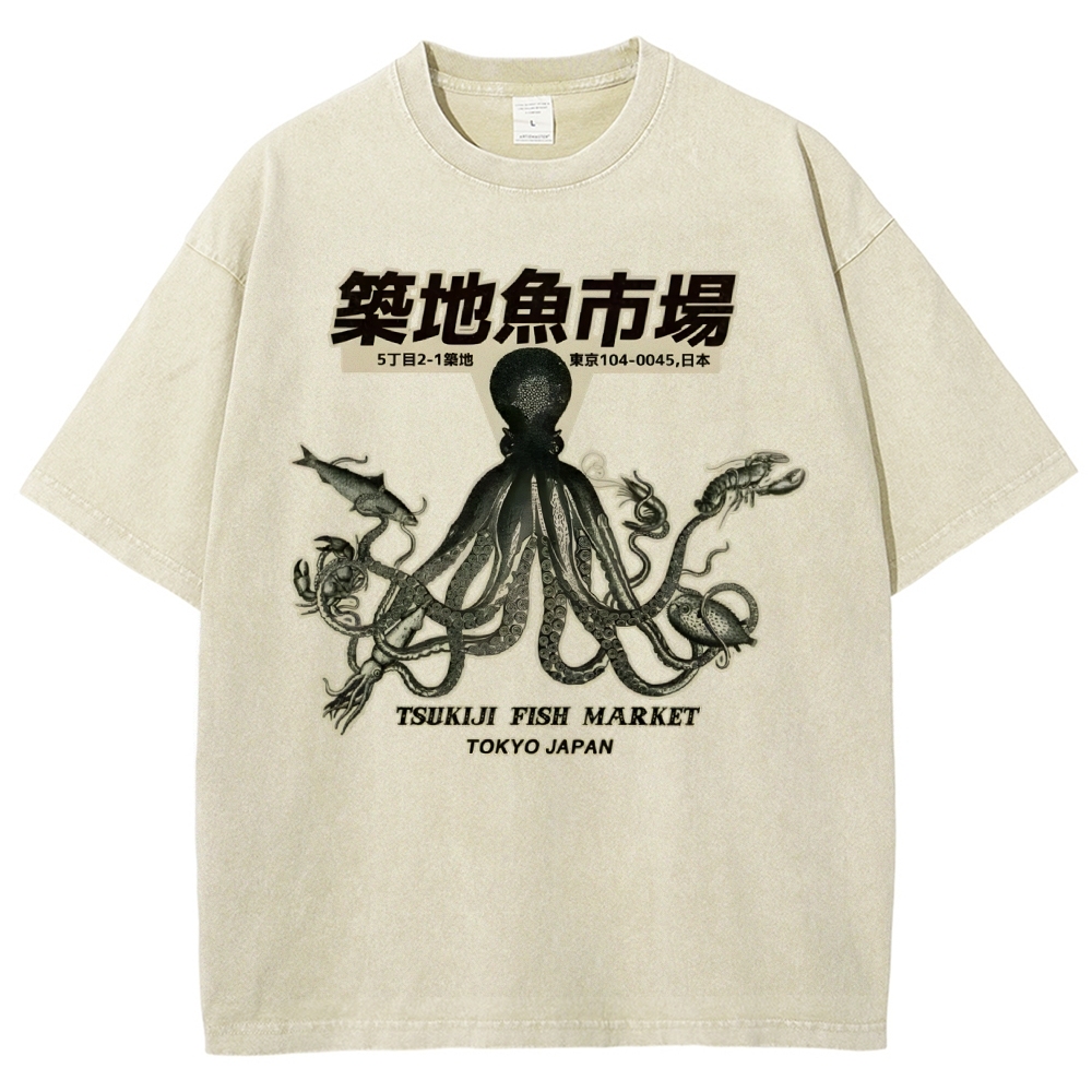 Unisex Octopus Printed Washed Tee