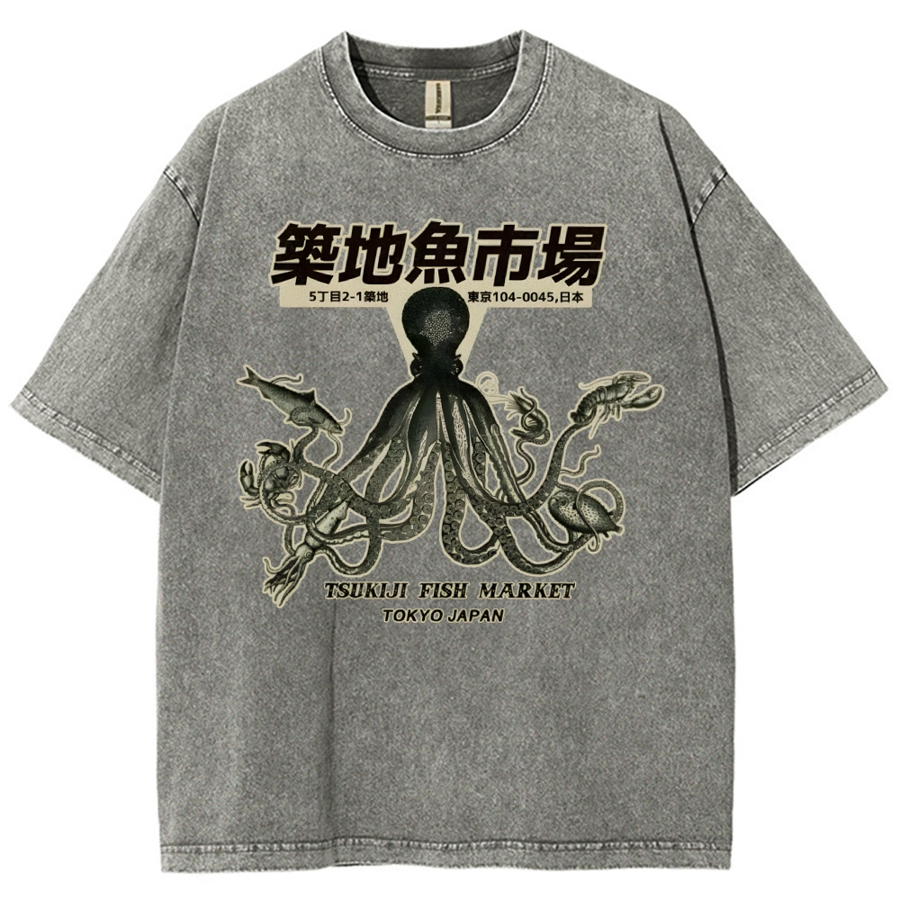 Unisex Octopus Printed Washed Tee