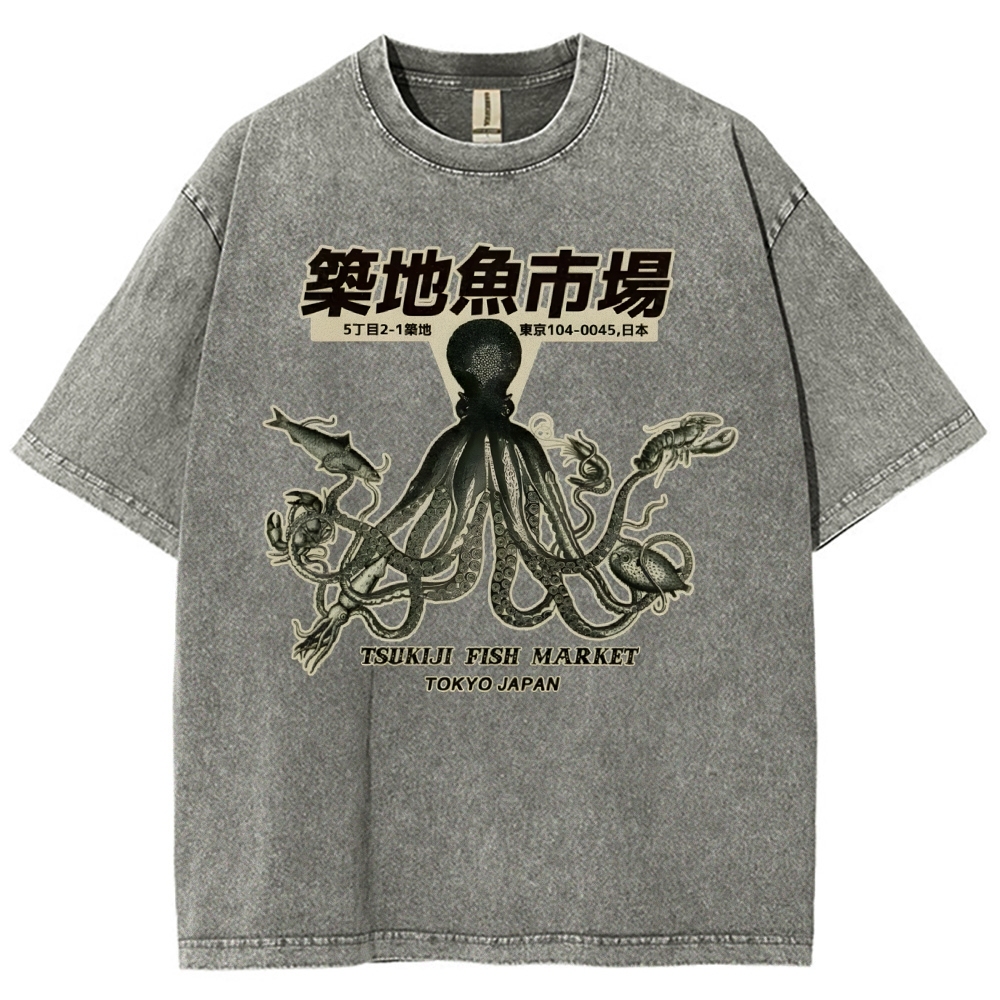 Unisex Octopus Printed Washed Tee