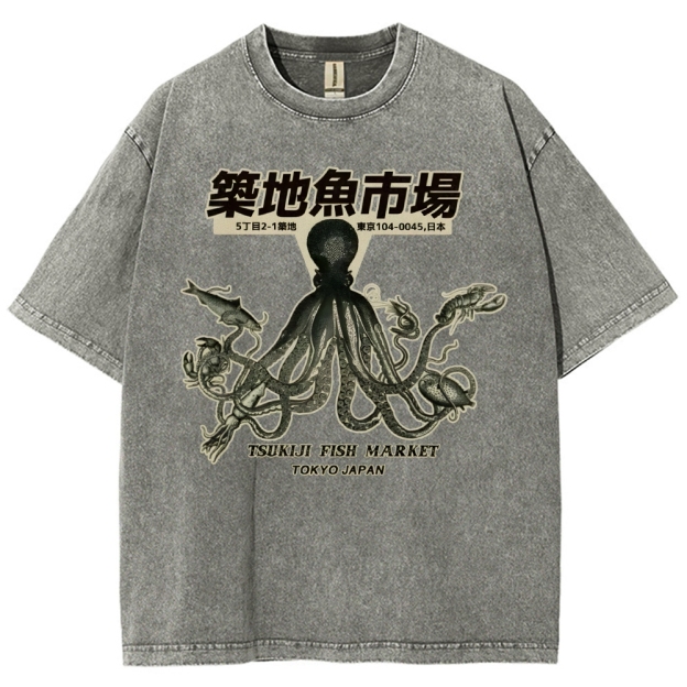Unisex Octopus Printed Washed Tee