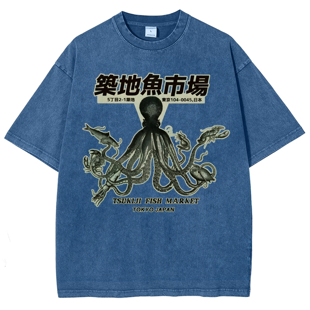 Unisex Octopus Printed Washed Tee