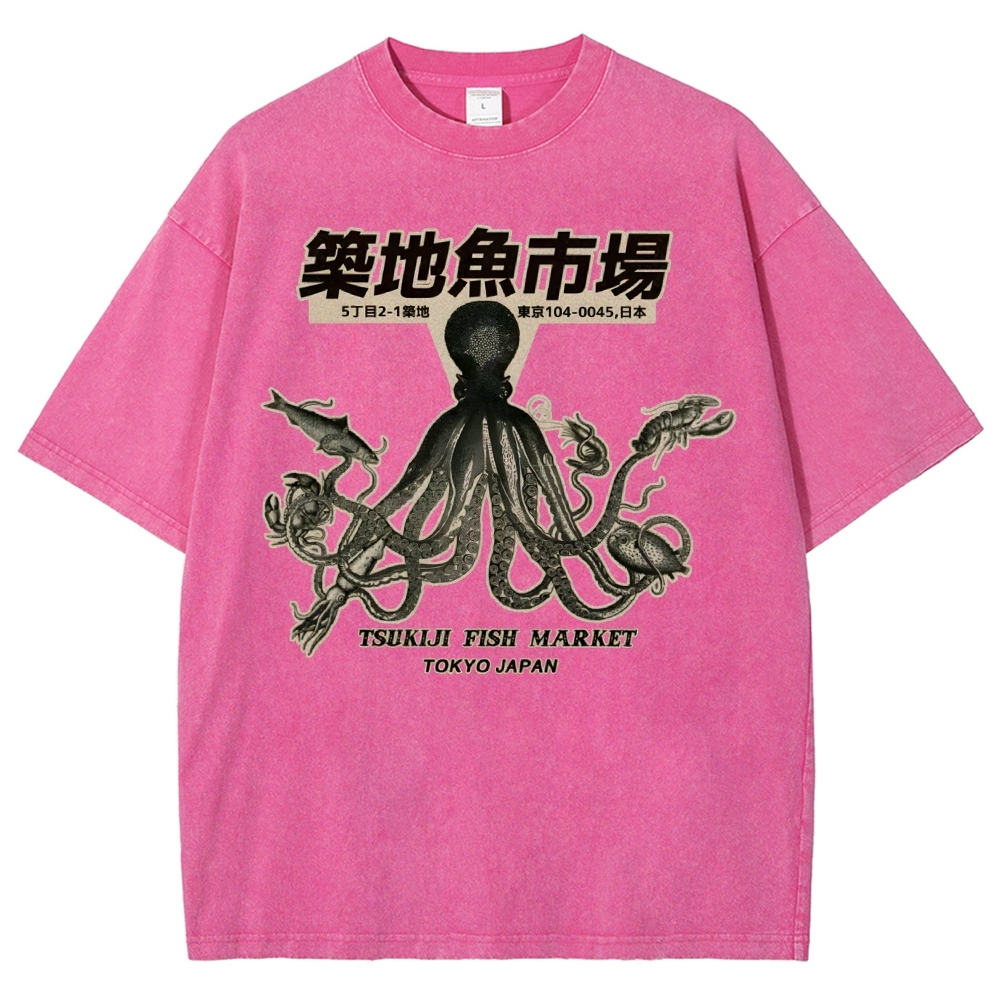 Unisex Octopus Printed Washed Tee