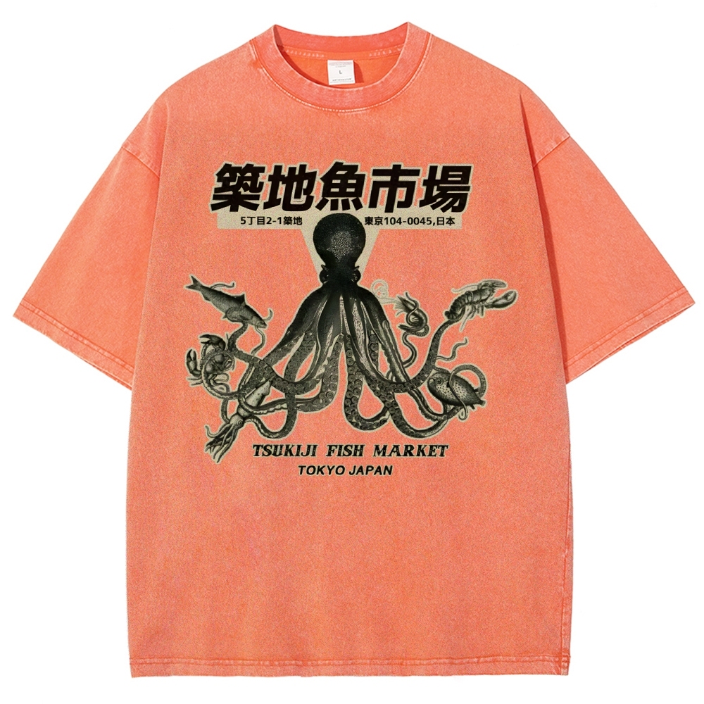 Unisex Octopus Printed Washed Tee