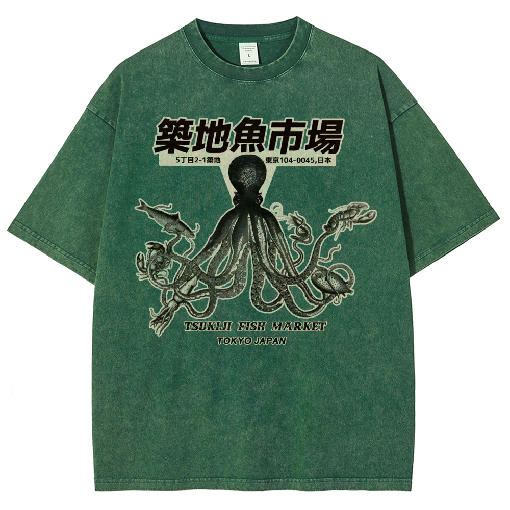 Unisex Octopus Printed Washed Tee