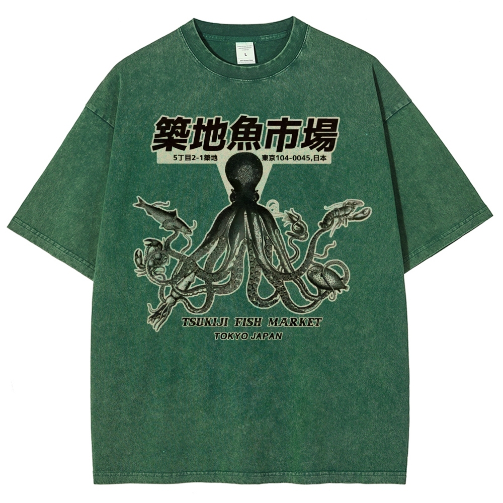 Unisex Octopus Printed Washed Tee