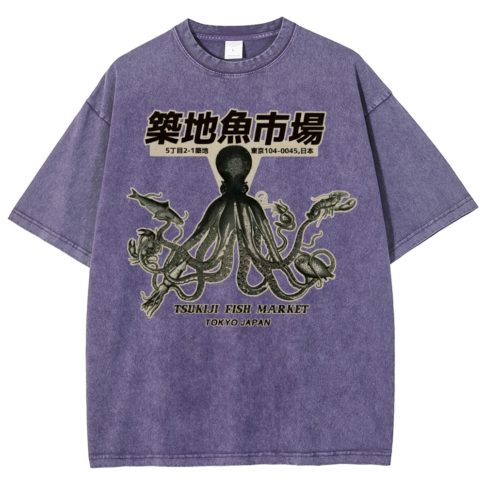 Unisex Octopus Printed Washed Tee