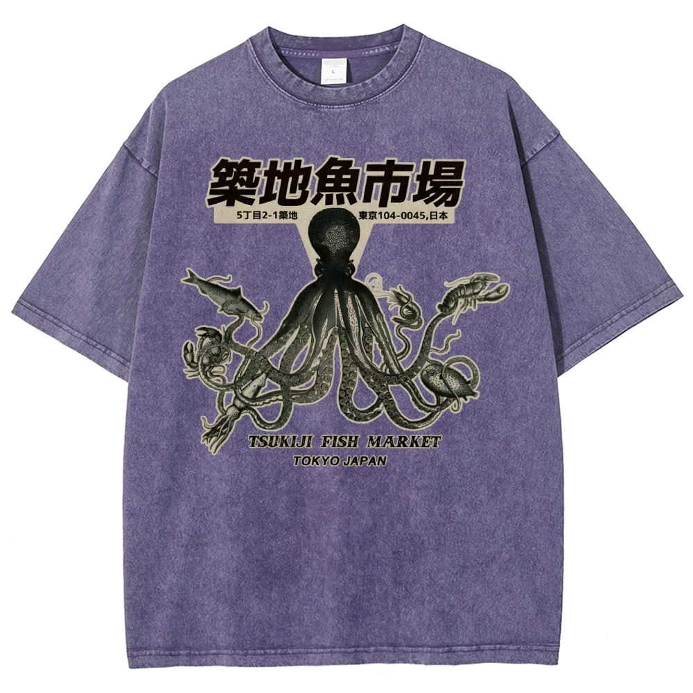 Unisex Octopus Printed Washed Tee