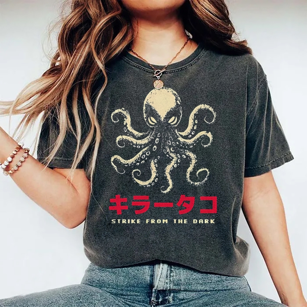 Unisex Japanese Octopus Printed Washed Tee