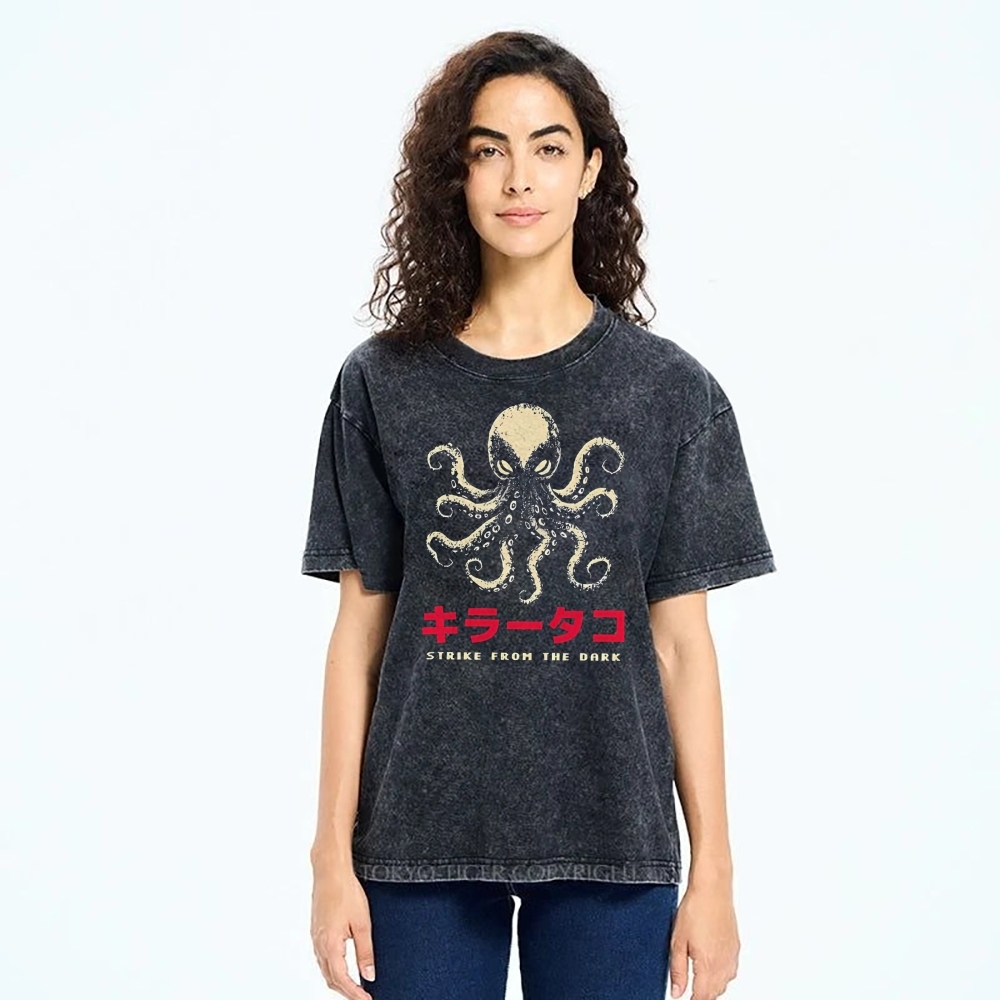 Unisex Japanese Octopus Printed Washed Tee