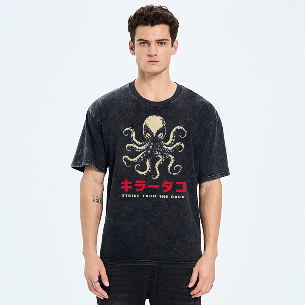 Unisex Japanese Octopus Printed Washed Tee